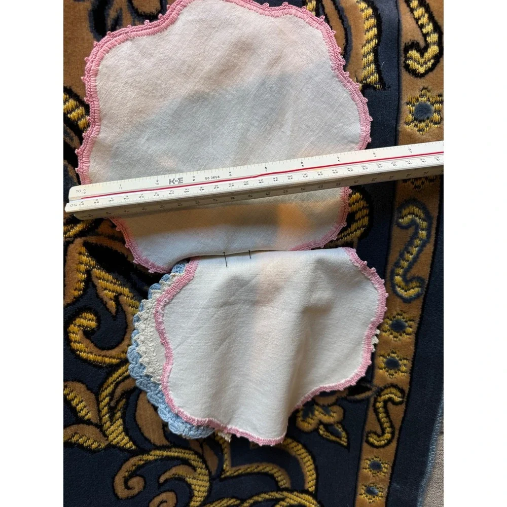 Vintage Linen Doilies Crochet Lace Edging Pastel Pink Blue Cream Set Cottagecore